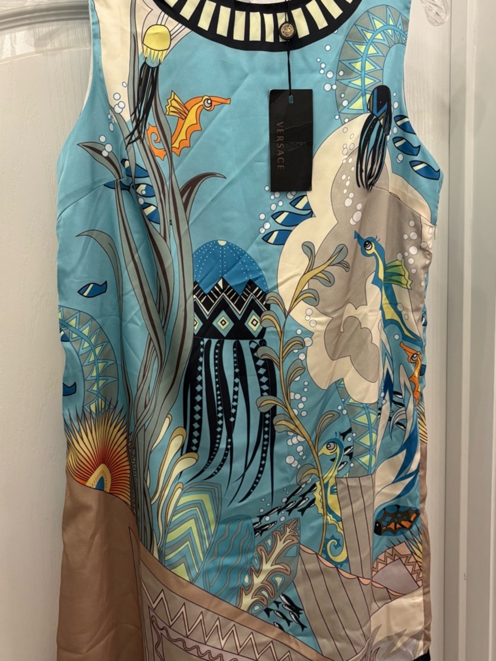 Versace Like Ocean Theme Lined Sleeveless Sheath Dress